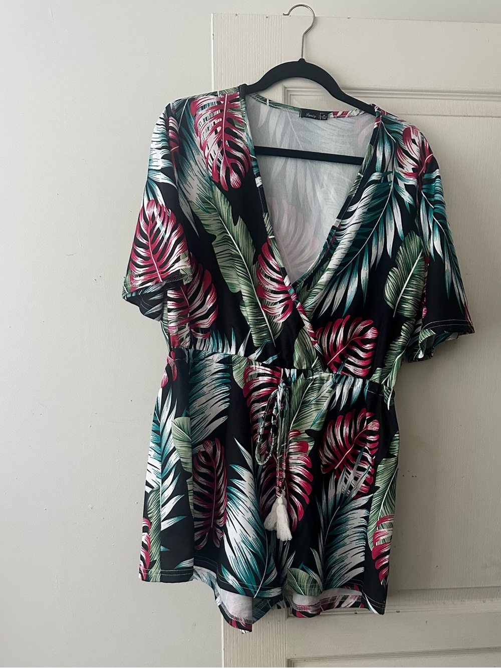 Tropical Leaf V-Neck Romper - Black with Green & Pink